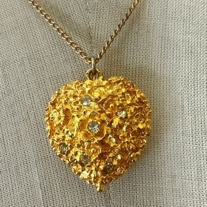 Viviane Woodard Primeval Perfume Locket Heart Pendant w/ Rhinestones, Gold-Tone